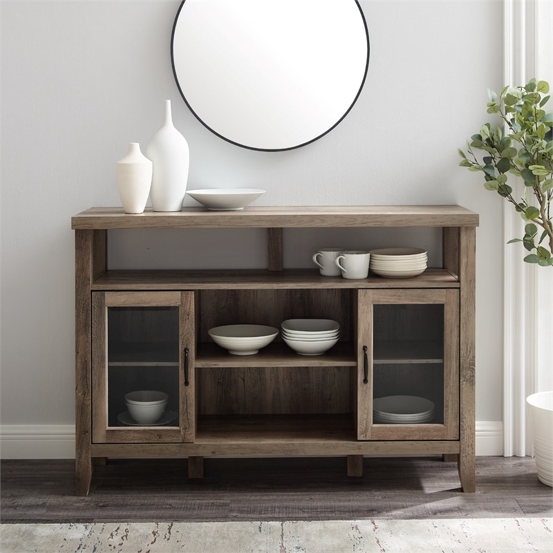 Pemberly Row Farmhouse Wood Buffet Console with Glass Doors in Gray
