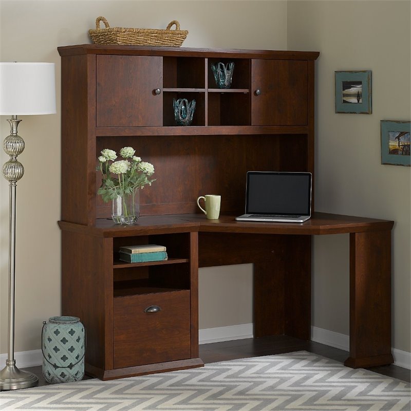 Pemberly Row Corner Writing Desk With Hutch In Antique Cherry Pr