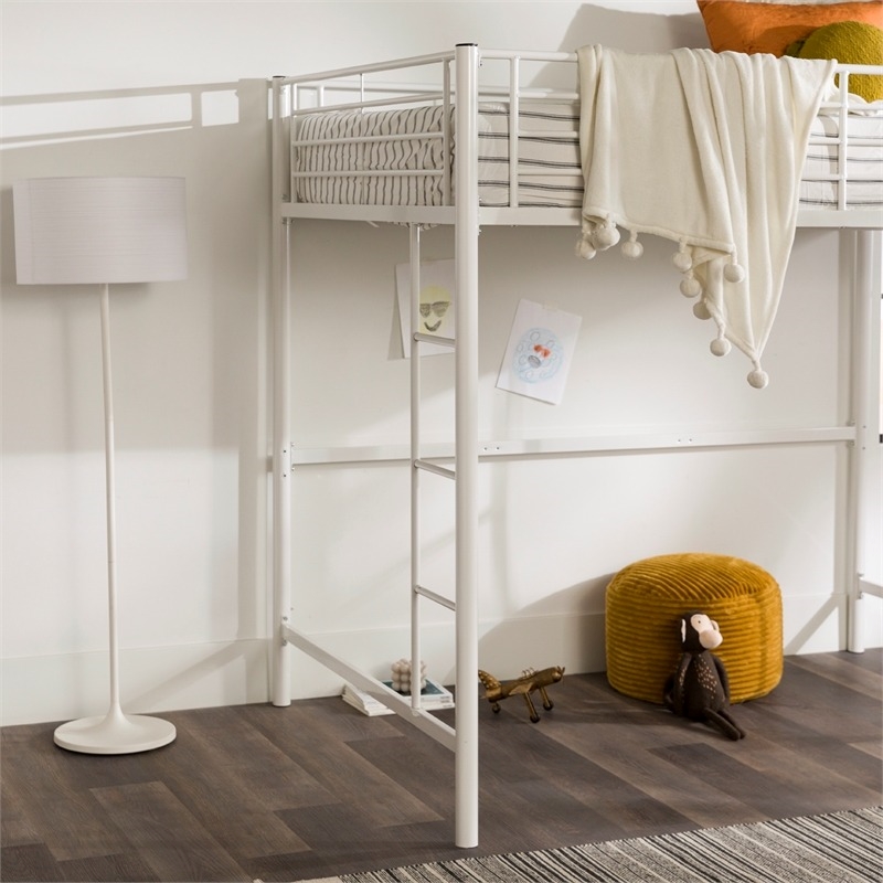 Pemberly Row Metal 2 Integrated Ladders Full Loft Bed in White