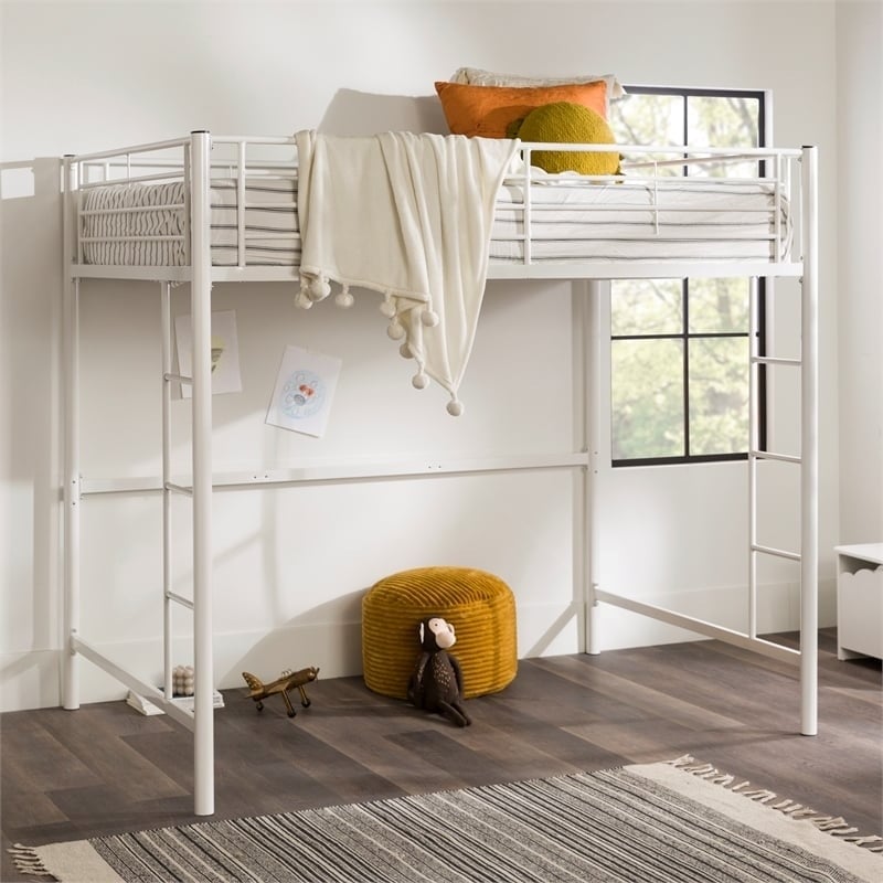 Pemberly Row Metal 2 Integrated Ladders Full Loft Bed in White