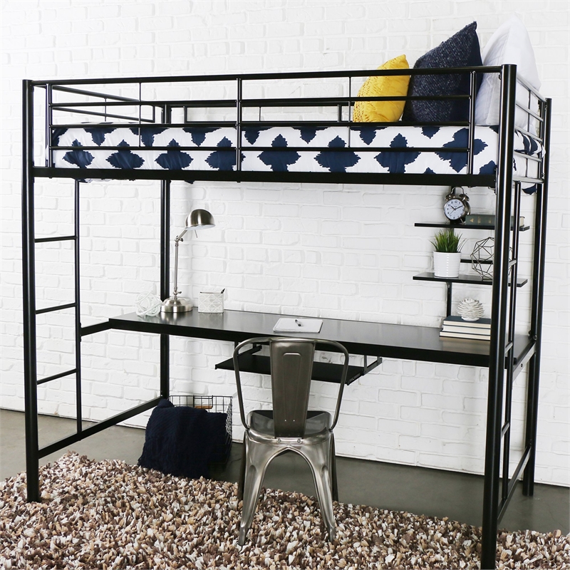Pemberly Row Modern Steel Metal Full Loft Bed with Workstation in Trendy White
