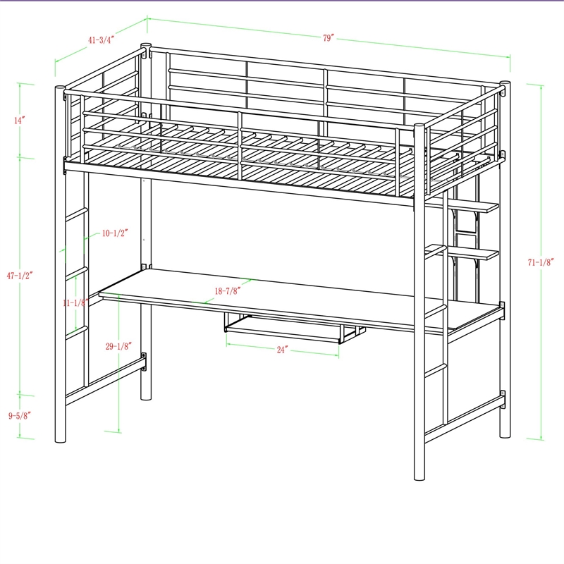 Pemberly Row Modern Steel Metal Full Loft Bed with Workstation in Trendy White