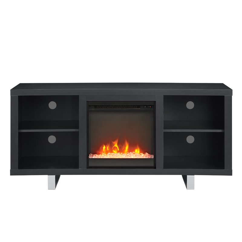 Pemberly Row 58 Wood TV Stand with Fireplace in Black