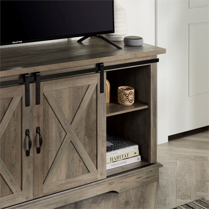 Pemberly Row Farmhouse Wood Sliding Door TV Console for TVs up to 58