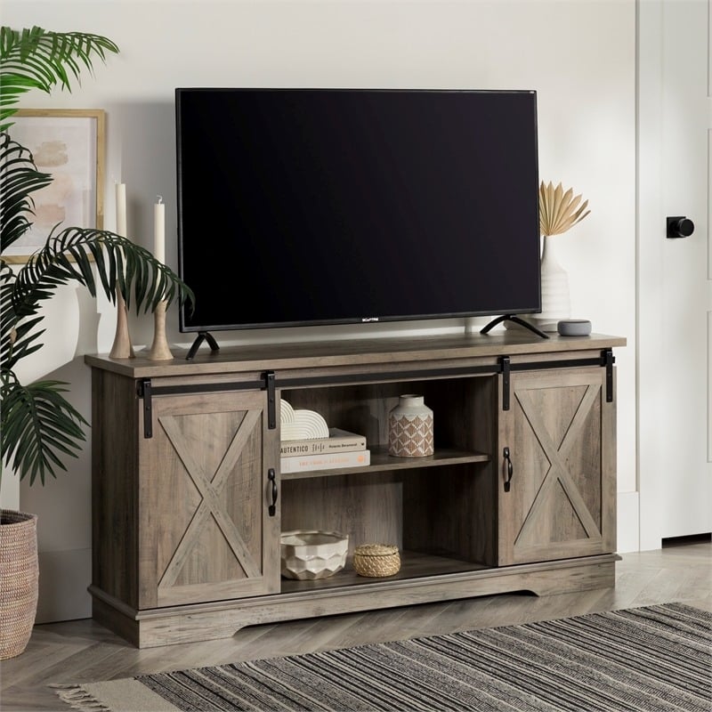 Pemberly Row Farmhouse Wood Sliding Door TV Console for TVs up to 58