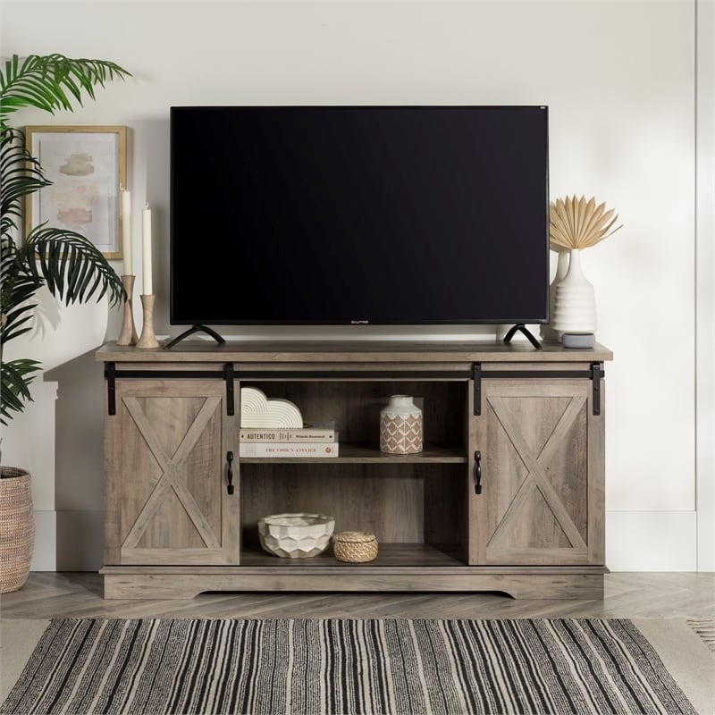 Pemberly Row Farmhouse Wood Sliding Door TV Console for TVs up to 58