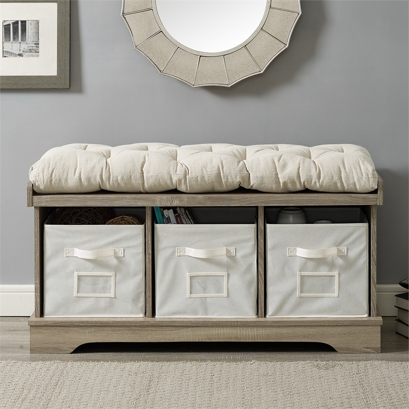 Pemberly Row Entryway Bench with Cushion in Gray Wash
