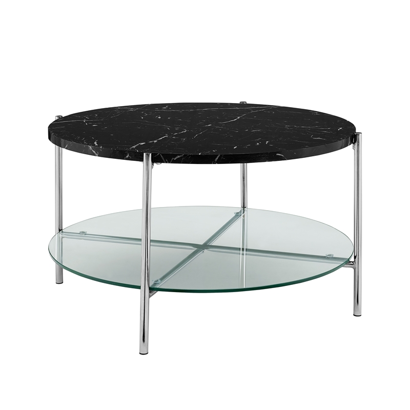 Pemberly Row 32" Faux Marble Round Coffee Table in Black and Chrome