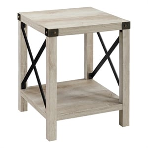 Pemberly Row 18&quot Farmhouse Wood Side Table with X-Shaped Metal Frame in Oak