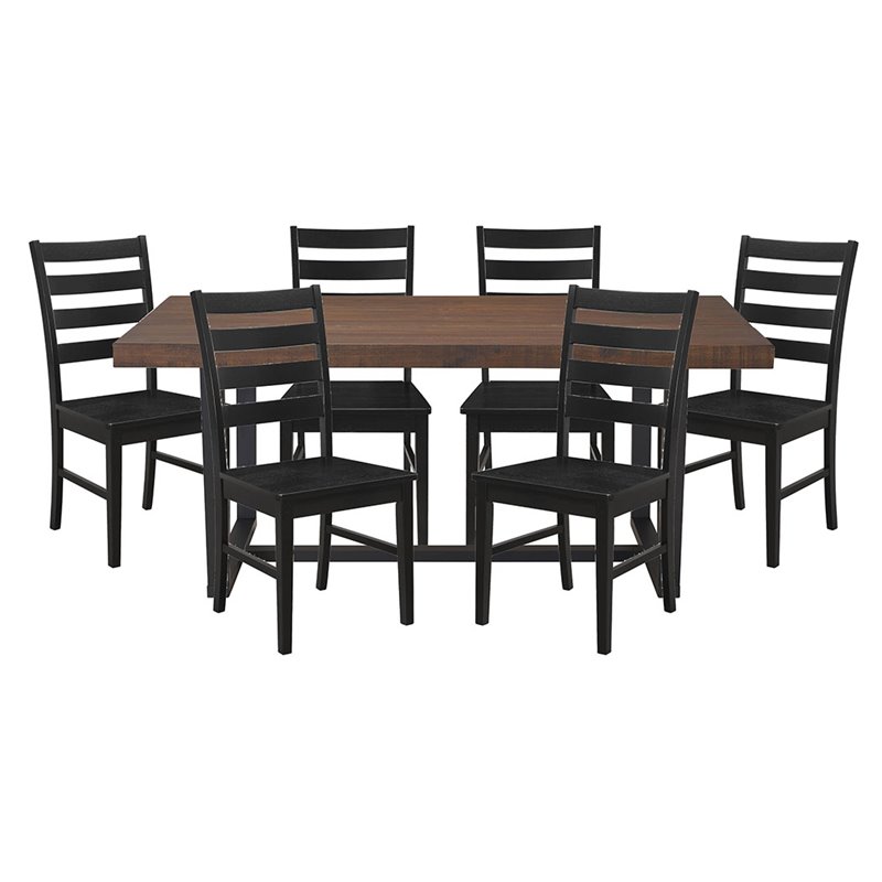 Pemberly Row 7-Piece Solid Pine Wood Dining Set in Mahogany and Black