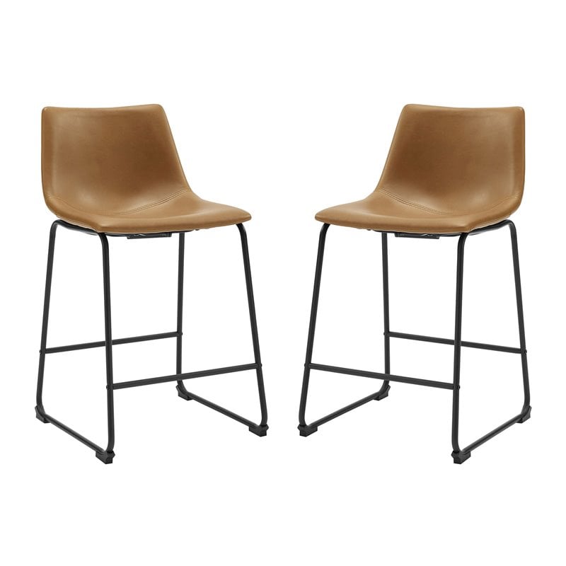 Pemberly Row 24.5'' Contemporary Faux Leather Counter Stool in Brown (Set of 2)