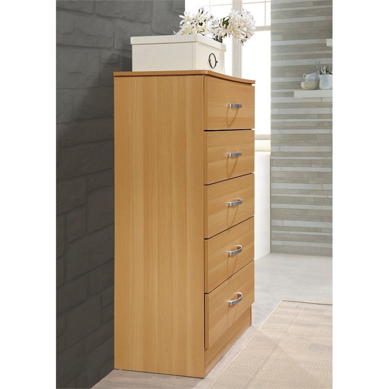 Pemberly Row Contemporary 5 Spacious Drawer Wood Chest in Beech Beige