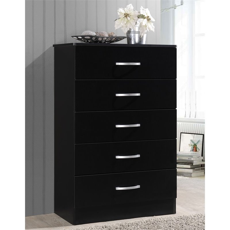 Pemberly Row Contemporary Wood 5 Spacious Drawers Chest in Black