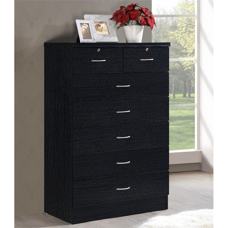 Pemberly Row Contemporary Wood 7 Spacious Drawers Chest in Black