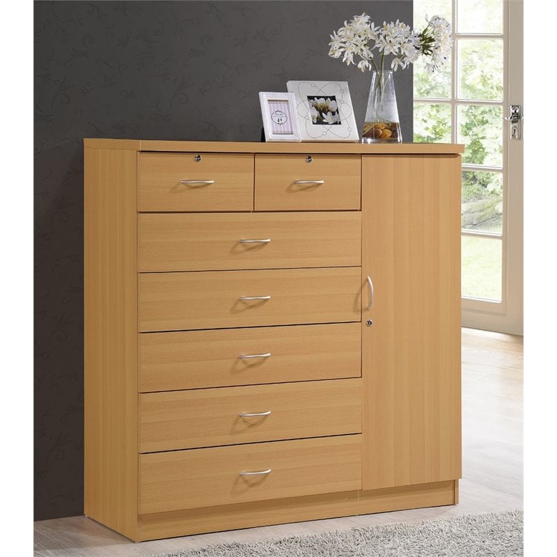 Pemberly Row Contemporary Wood 7 Drawers Chest with 2 Locking Drawers in Maple