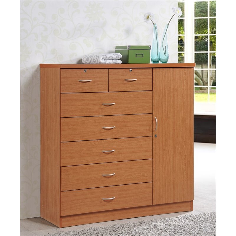 Pemberly Row Contemporary Wood 7 Drawers Chest with 2 Locking Drawers in Cherry
