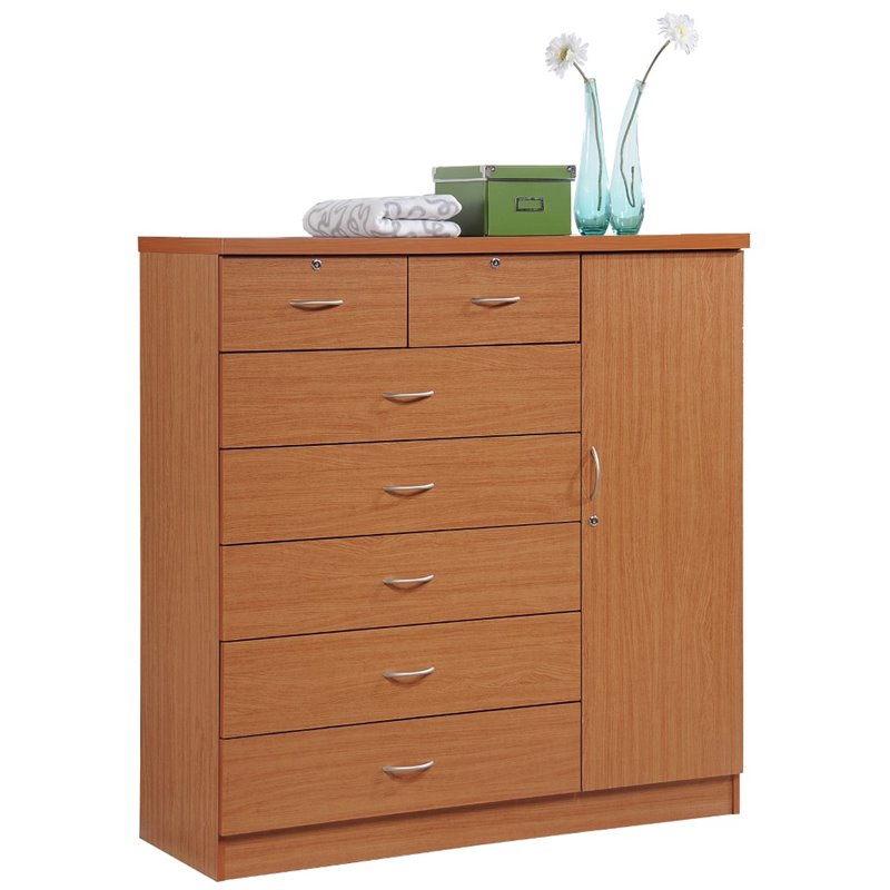 Pemberly Row Contemporary Wood 7 Drawers Chest with 2 Locking Drawers in Cherry