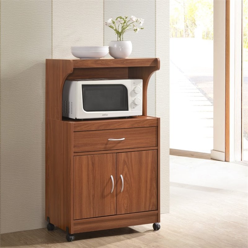 Pemberly Row Microwave Kitchen Cart in Cherry