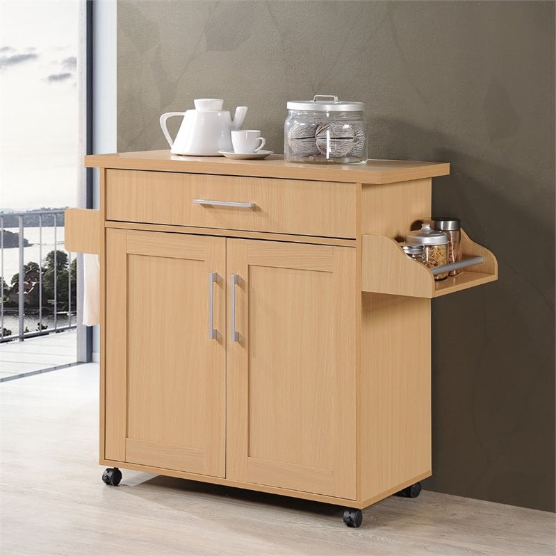 Pemberly Row Contemporary Wood Kitchen Island with Spice Rack in Beige