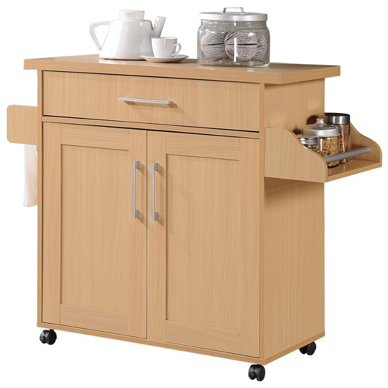 Pemberly Row Contemporary Wood Kitchen Island with Spice Rack in Beige