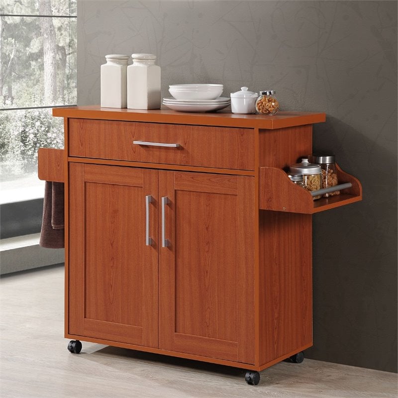 Pemberly Row Contemporary Wood Kitchen Island with Spice Rack in Cherry