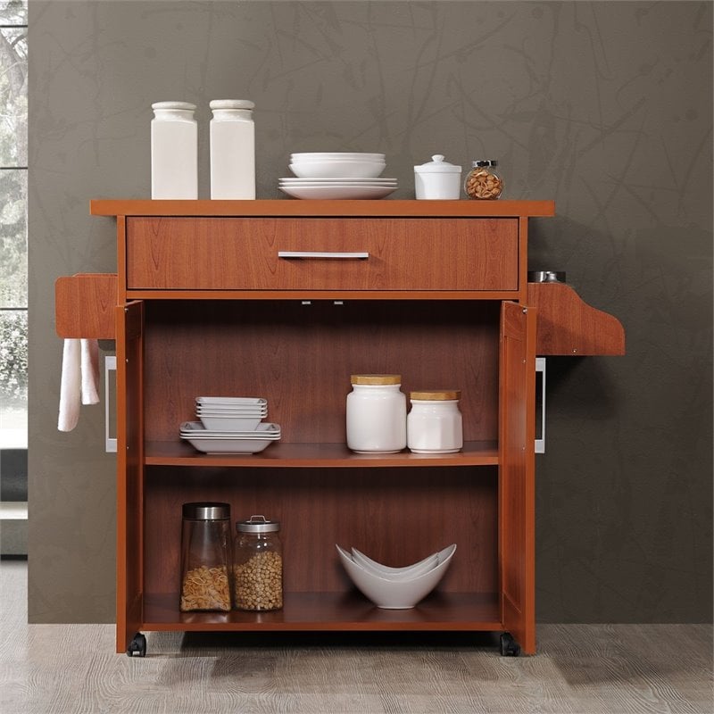 Pemberly Row Contemporary Wood Kitchen Island with Spice Rack in Cherry