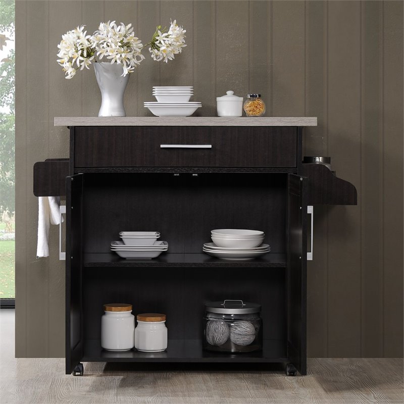 Pemberly Row Contemporary Wood Kitchen Island with Spice Rack in Chocolate