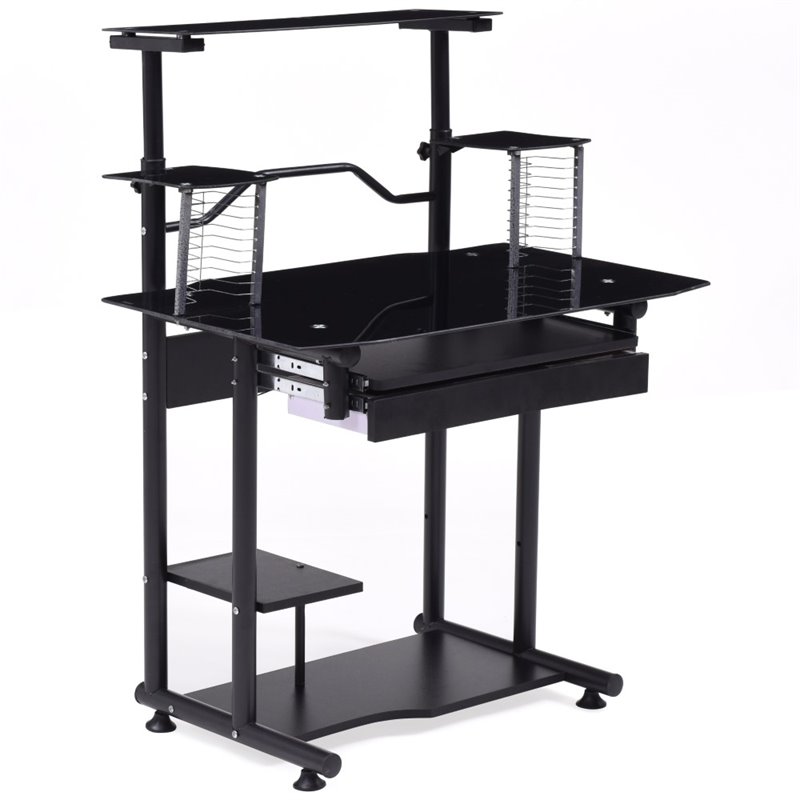 Pemberly Row Tempered Glass Computer Desk In Black