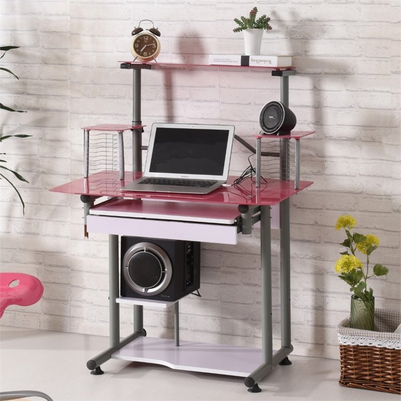 Pemberly Row Tempered Glass Computer Desk In Pink Pr 1644358