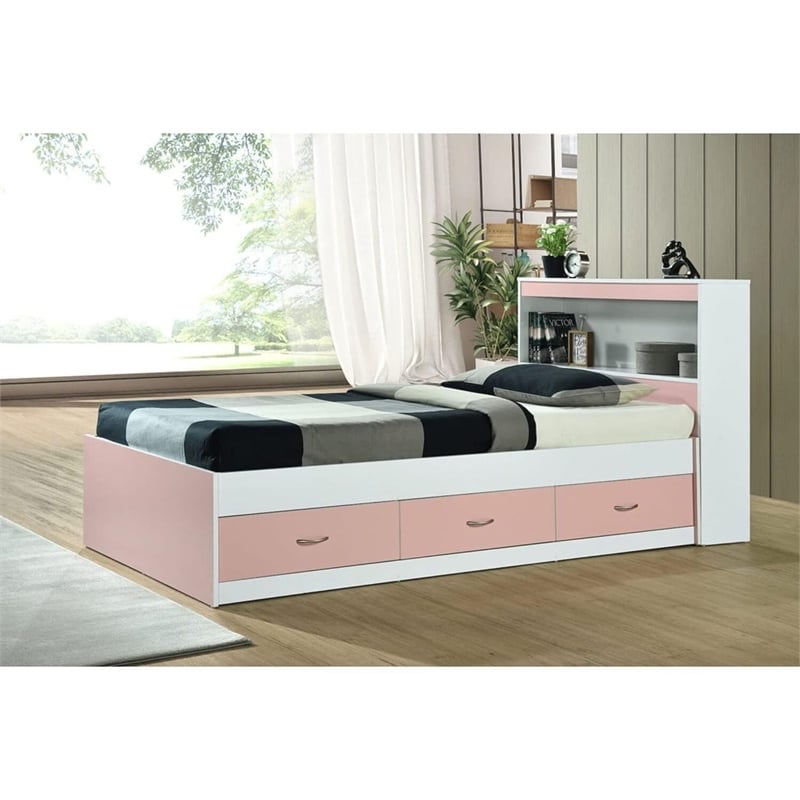 Pemberly Row Contemporary Wood Twin Captain Storage Bed with 3 Drawers in Pink
