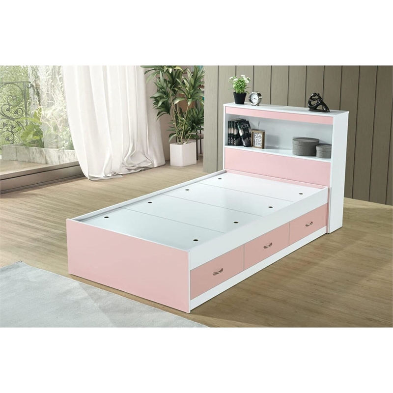 Pemberly Row Contemporary Wood Twin Captain Storage Bed with 3 Drawers in Pink