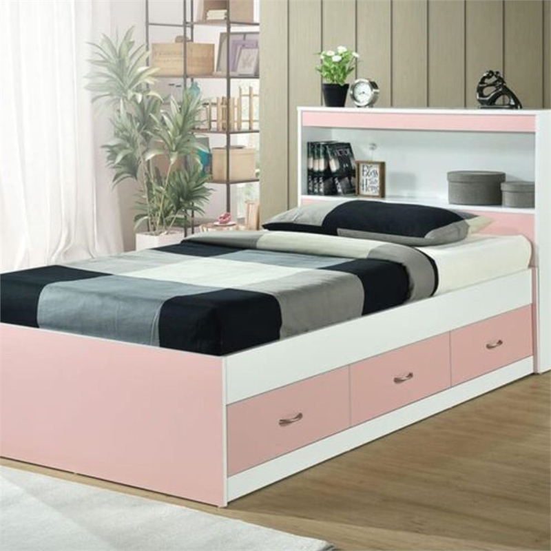 Pemberly Row Contemporary Wood Twin Captain Storage Bed with 3 Drawers in Pink