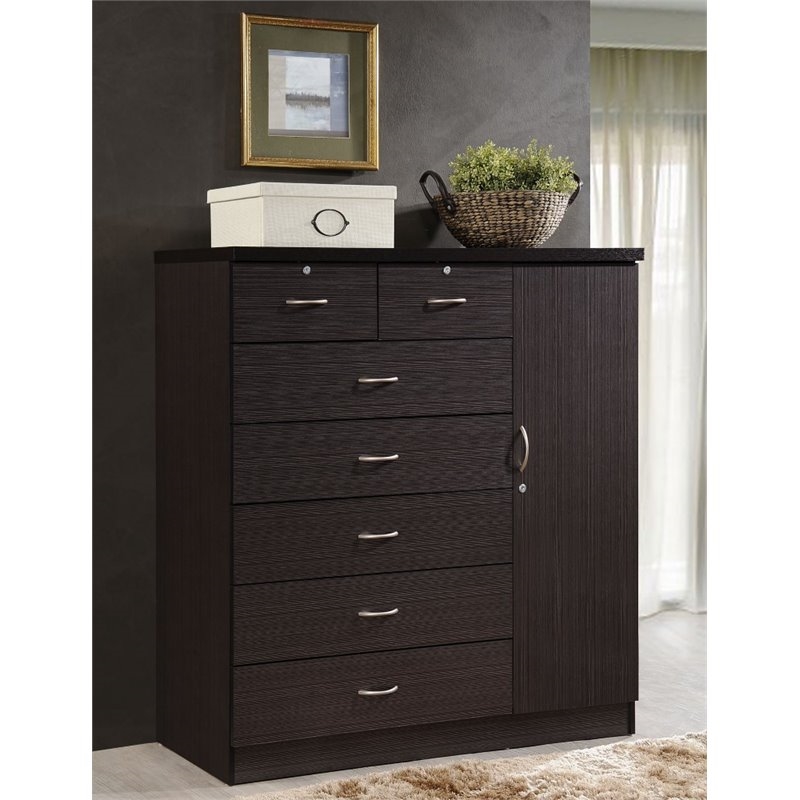 Pemberly Row Contemporary 7 Drawer Wood Chest with 2-Locking Drawer in Chocolate