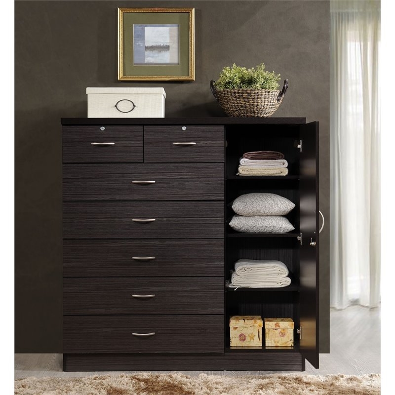 Pemberly Row Contemporary 7 Drawer Wood Chest with 2-Locking Drawer in Chocolate