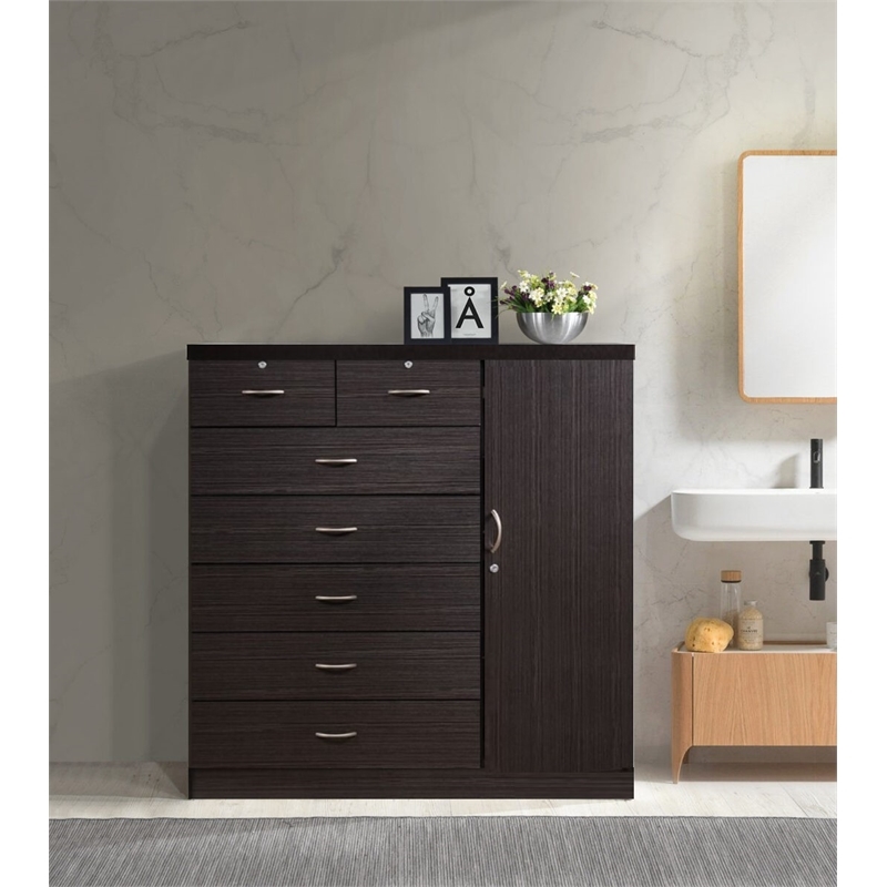 Pemberly Row Contemporary 7 Drawer Wood Chest with 2-Locking Drawer in Chocolate