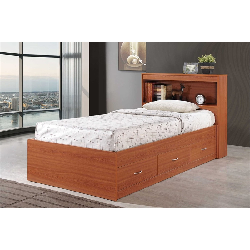 Pemberly Row Contemporary Wood Twin Captain Storage Bed w/ 3 Drawers in Cherry