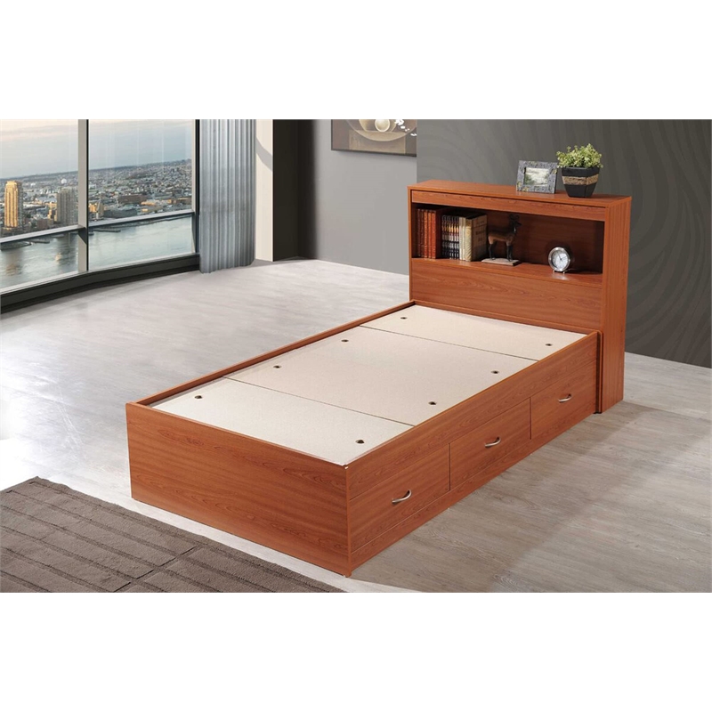 Pemberly Row Contemporary Wood Twin Captain Storage Bed w/ 3 Drawers in Cherry