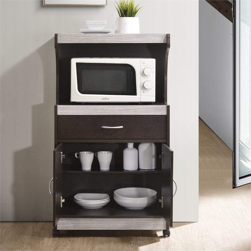 Pemberly Row Microwave Kitchen Cart in Chocolate Gray