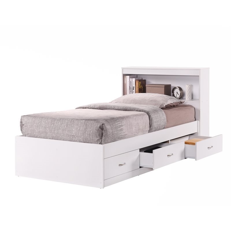 Pemberly Row Contemporary Wood Twin Captain Storage Bed with 3 Drawers in White