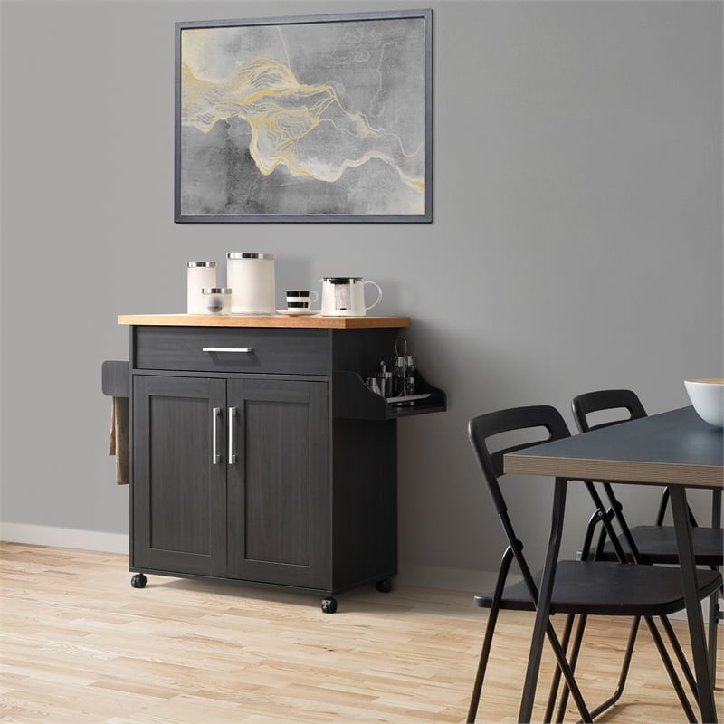 Pemberly Row Contemporary Wood Kitchen Island with Spice Rack in Black/Beech