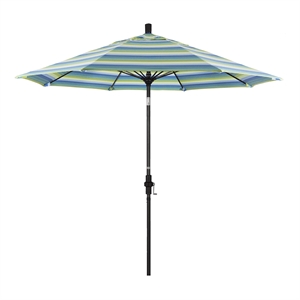 Pemberly Row Skye 9' Black Patio Umbrella in Sunbrella 1A Seville Seaside