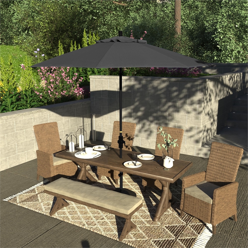 Pemberly Row Skye 9' Black Patio Umbrella in Olefin Straw