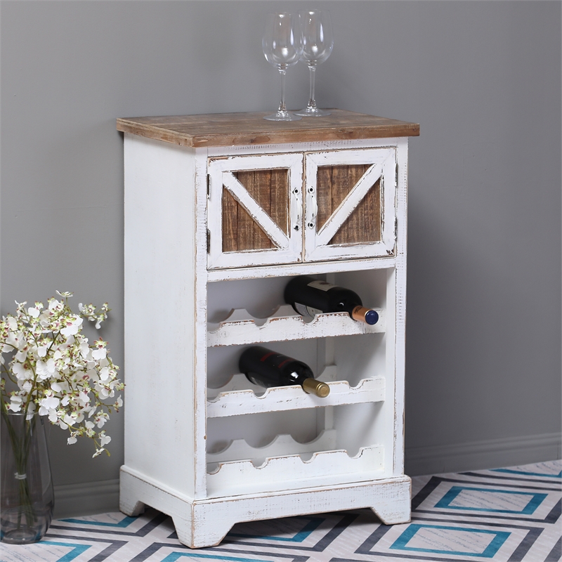 Pemberly Row Rustic White and Natural Wood Wine Cabinet