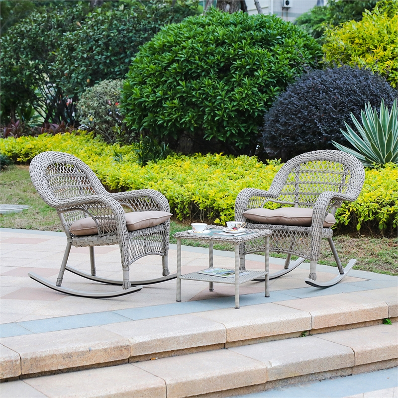 3 Piece Taupe Wicker Patio Rocker With Tan Cushion And End Table