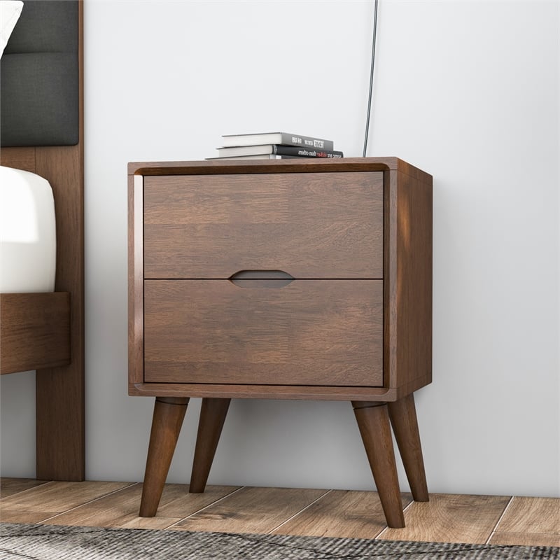 Pemberly Row Mid-Century Modern Solid Wood 2-drawer Night Stand in Brown