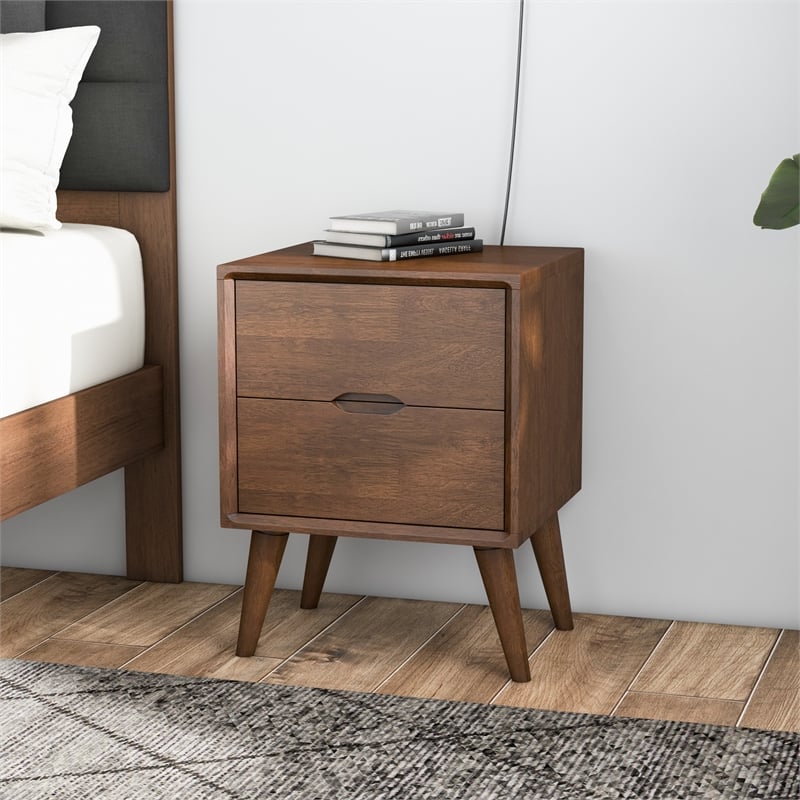 Pemberly Row Mid-Century Modern Solid Wood 2-drawer Night Stand in Brown