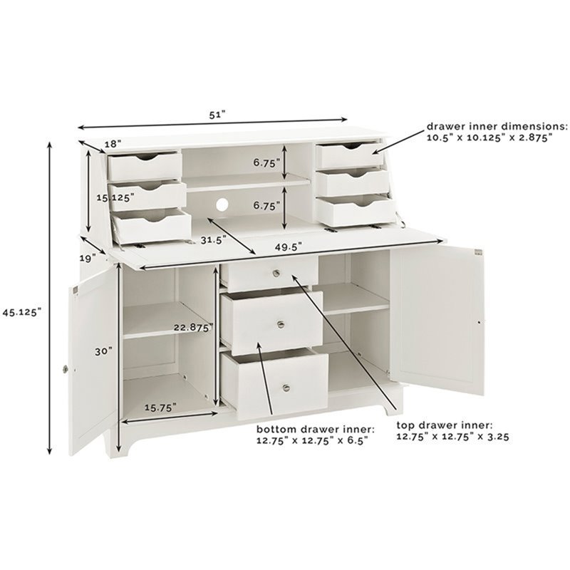 Pemberly Row Fold Down Desktop Home Secretary Desk with Hutch in White Cymax Business