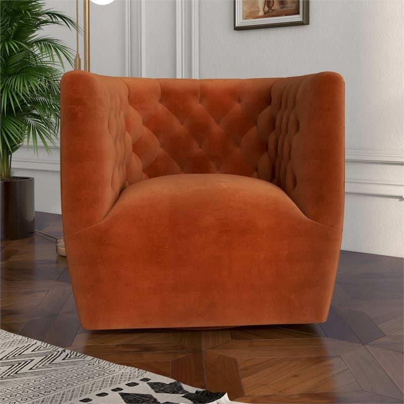 Pemberly Row Contemporary Velvet Tufted Back Swivel Chair in Burnt Orange