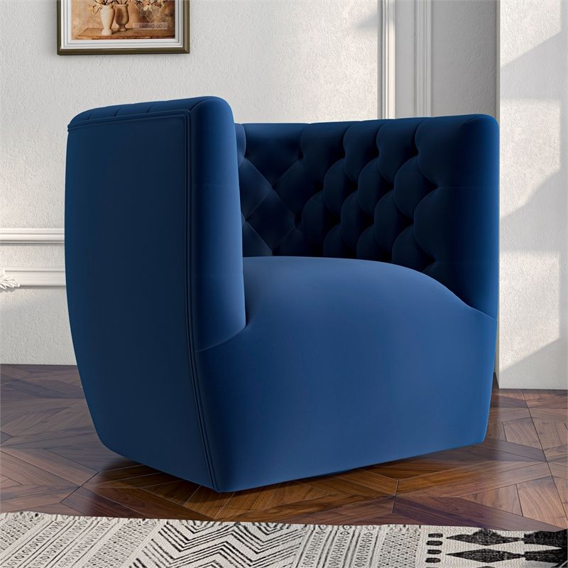 Pemberly Row Contemporary Velvet Tufted Back Swivel Chair in Navy Blue