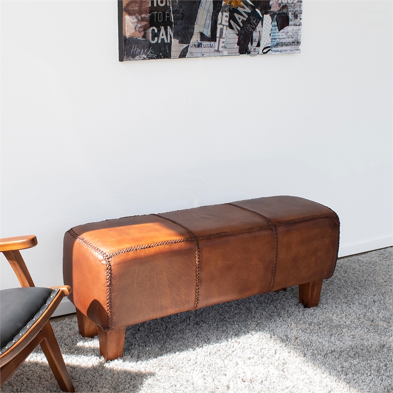 Pemberly Row Serena Mid Century Modern Furniture Brown Tan Genuine Leather Bench